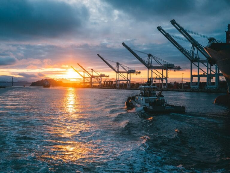 Container port at sunset